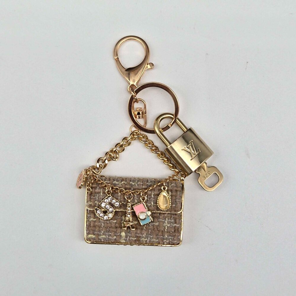 Authentic Louis Vuitton Padlock & Key Gold ✨Unbranded Tweed Bag Charm Keychain - Picture 6 of 9